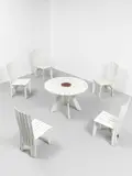 Early 'Sunflower' table and set of five chairs, model no. 310, designed for the Villa Mairea, Noormarkku by Alvar Aalto, 1938-1939, Painted wood, painted metal, brass, sold Oct 2021