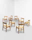 Set of eight dining chairs, model no. W2, designed 1953 by Hans J. Wegner, Oak, paper cord, sold Oct 2021