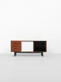 Cabinet, for Miferma, Cansado by Charlotte Perriand, circa 1962, African mahogany-veneered wood, plastic-laminated plywood, painted plywood, painted steel, sold Oct 2021