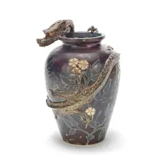 Doulton Lambeth, Dragon vase, 1880, Glazed earthenware, incised decoration and dragon in high relief