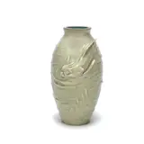 Joseph-Théodore Deck and Ernest Carrière, Vase, late 1800s, Stoneware, pale green glaze with seaweed and two fish in relief, interior with 'bleu de Deck' glaze