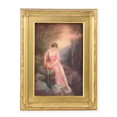 Leslie Johnson, Pictorial plaque, circa 1910, Hand-painted porcelain, painted wood frame