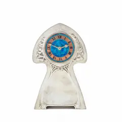 'Tudric' clock, model no. 0385 by Liberty & Co., 1902-1905, Pewter, enamel, copper, sold Dec 2021