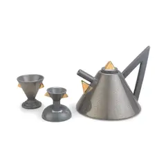 'Nefertiti' teapot, cup, and egg cup, designed 1981 by Matteo Thun, Glazed ceramic, sold Dec 2021