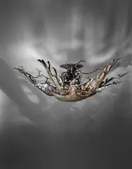 Mark Brazier-Jones, Unique and monumental 'Starfish' chandelier, designed for the White Elephant Restaurant, Athens, 1997, Patinated and gilded bronze, copper and oxidized iron, iridescent glass cabochons