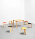 Alvar & Aino Aalto, Rare extendable 'L-leg' table, model 95A and group of six 'L-leg' stackable stools, model no. 60-6, designed 1932-1933, Birch, plastic laminate-covered birch