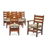 Set of Seven Dining Chairs by Gustav Stickley, model 306, oak, upholstered, branded with Gustav Stickley mark, sold Jan 2021