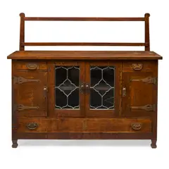 Roycroft, Rare Sideboard, oak, leaded glass, copper, signed with the firm's orb mark