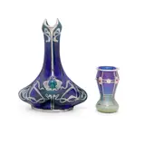 Loetz, Vase, silver overlay and jeweled, iridescent glass, together with an Art Nouveau silver overlay porcelain vase