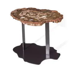 Table by Brenda Houston, petrified wood, brushed steel, sold Jan 2021