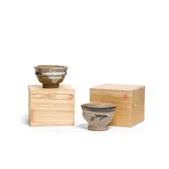 Hamada Shôji, Two Tea Bowls with Handmade Japanese Boxes, glazed stoneware, wood, bowls unmarked, boxes stamped with artist's monogram