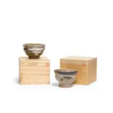 Hamada Shôji, Two Tea Bowls with Handmade Japanese Boxes, glazed stoneware, wood, bowls unmarked, boxes stamped with artist's monogram