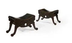 American Aesthetic Movement, Pair of Viking Revival Stools, carved wood, upholstery