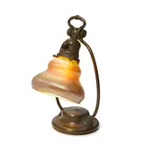 Tiffany Studios, Harp Desk Lamp, patinated bronze, damascene glass, shade engraved 'L