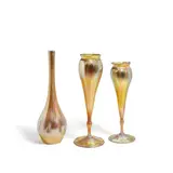 Tiffany Studios, Group of Three Vases, comprising two floriforms and one dimpled stick-neck, gold Favrile glass, each engraved 'L