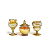 Frederick Carder, Covered Bowl with Two Vases, for Steuben, Aurene glass, each engraved with maker's marks