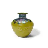 Frederick Carder, Vase, shape 7014, for Steuben, blue dripped Aurene over etched yellow jade glass, apparently unmarked