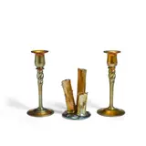 Frederick Carder, Pair of Candlesticks with Twist Design and Tree Trunk Vase, for Steuben, Aurene glass, tree trunk vase incised 'Aurene' and numbered '2744'