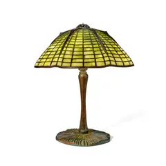 Tiffany Studios, Spider Lamp Shade, Favrile glass, patinated bronze, shade stamped 'TIFFANY STUDIOS NEW YORK 337-14' with associated reproduction mushroom base