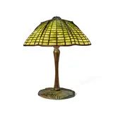 Spider Lamp Shade by Tiffany Studios, Favrile glass, patinated bronze, shade stamped 'TIFFANY STUDIOS NEW YORK 337-14' with associated reproduction mushroom b, sold Mar 2021