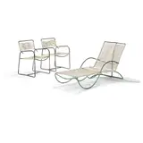 Chaise Longue and Pair of Armchairs by Walter Lamb, for Brown Jordan, bronze tubing, plastic cord, rope cord, sold Mar 2021