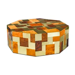 Octagonal Cityscape Coffee Table by Paul Evans, burl walnut, brass, signed 'Paul Evans', sold Mar 2021