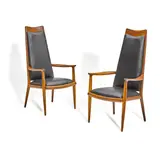 Sam Maloof, Pair of Tall Armchairs, walnut, leather, branded 'MALOOF 11 3/61' and '12 3/61' respectively