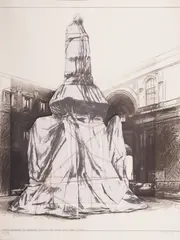 Wrapped monument to Leonardo / Project for Piazza della Scala, Milano by Christo, 1971, Collage. Collotypie über Stoff mit Heftklammern und Zwirn auf Karton, sold Nov 2021