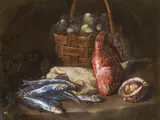 Giovanni Battista Recco, Stillleben mit Rotbarsch, Sardinen, Seeigel und Meeresfrüchtekorb, Öl auf Leinwand
