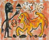 A. R. Penck, Willst Du oder willst Du nicht, 1991, Übermalung, Acryl über Siebdruck auf Leinwand