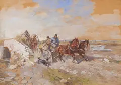 Gregor von Bochmann, Weite estnische Landschaft mit Bauern auf Pferdewagen, Gouache auf Papier