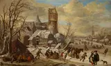 Gerrit van Battem, Winterlandschaft mit Personen vor einem Zelt, in einem Pferdeschlitten und auf dem Eis, Öl auf Holz