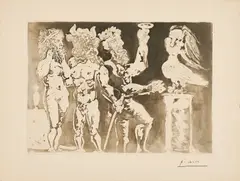 Pablo Picasso, Chez la Pythie-Harpye. Personnages masqués et femme oiseau, 1934/1939, Farbaquatinta auf Montval (Wasserzeichen Picasso)