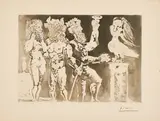Pablo Picasso, Chez la Pythie-Harpye. Personnages masqués et femme oiseau, 1934/1939, Farbaquatinta auf Montval (Wasserzeichen Picasso)