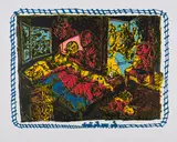Jörg Immendorff, Surrealistisches Tribunal, 1998, Farblinolschnitt auf Bütten