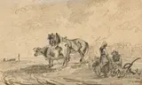 Friedrich Voltz, Bauernfamilie auf dem Feld, Bleistiftzeichnung auf Papier
