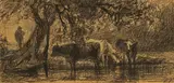 Friedrich Voltz, Hirte mit Kühen am Teich, Schwarze Kreide auf Papier