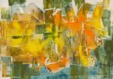 Franz Alfred Theophil Winter, "Spachtelbild gelb-blau-orange", 1956, Mischtechnik auf Leinwand