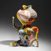Michael Lucero, Anthropomorphic Vessel with Real Face (from the New World series), 1992, glazed and hand-painted earthenware