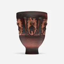 Chalice form with figures by Edwin and Mary Scheier, 1995, glazed stoneware, sold Jun 2025