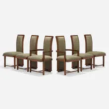 Dining chairs, set of six by Frank Lloyd Wright, c. 1955, mahogany, upholstery, sold Aug 2023
