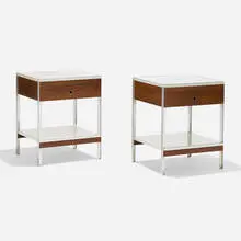 Occasional tables, pair by Modern, c. 1970, laminate, walnut, aluminum, sold Aug 2023