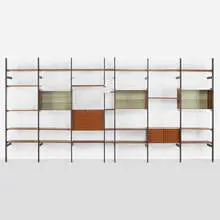 George Nelson & Associates, CSS (Comprehensive Storage System), 1959, walnut, enameled aluminum, zinc-plated steel, glass, plastic, laminate