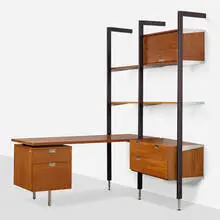 CSS (Comprehensive Shelving System) by George Nelson & Associates, 1959, walnut, enameled aluminum, aluminum, sold Aug 2023