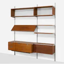 CSS (Comprehensive Shelving System) by George Nelson & Associates, 1959, walnut, aluminum, chrome-plated steel, laminate, sold Aug 2023