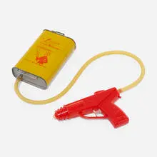 Hydro Jet pistol and watertank by Nu-Dell Plastics, c. 1950, plastic, enameled steel, rubber, sold Aug 2023