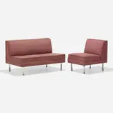 Settee and lounge chair by George Nelson & Associates, upholstery, chrome-plated steel, sold Aug 2023