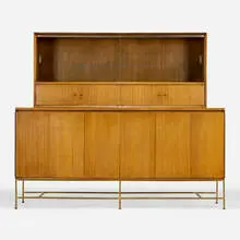 Irwin Collection cabinet by Paul McCobb, bleached mahogany, brass, glass, sold Aug 2023
