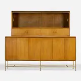 Irwin Collection cabinet by Paul McCobb, bleached mahogany, brass, glass, sold Aug 2023