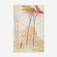 Autumn Landscape with a Figure by Gershon Benjamin, 1980, ink and pastel on paper, sold Aug 2023